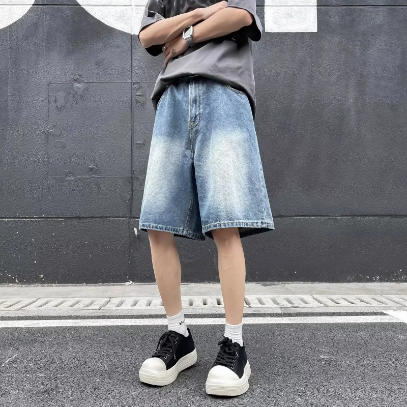 여름 데님 반바지 남성 얇은 중간 길이 캐주얼 작업복 반바지 루즈 스트레이트 레그 남성 워싱 7부 청바지