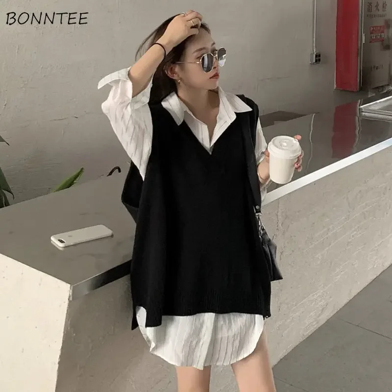 

Sweater Vest Women V-neck Pure-black Harajuku Knitted Korean Style Ins All-match Basic Preppy Classic Stylish New Arrivals Cozy