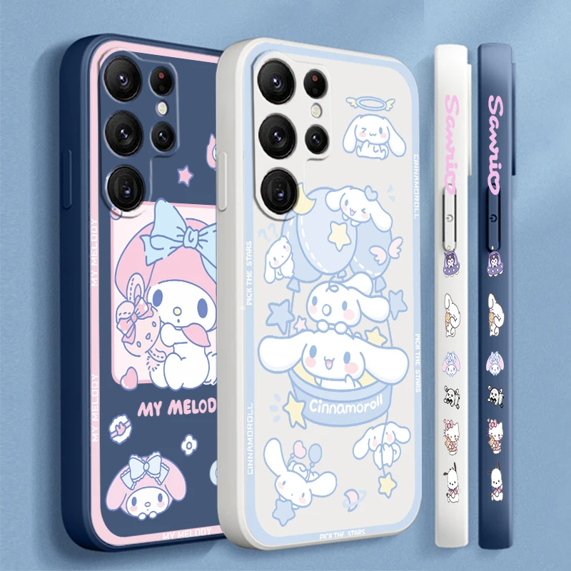 My Melody Cinnamoroll Sanrio For Samsung Galaxy S24 S23 S22 S21 S20 FE S10 Ultra Plus Lite 5G Liquid Left Rope Cover Phone Case