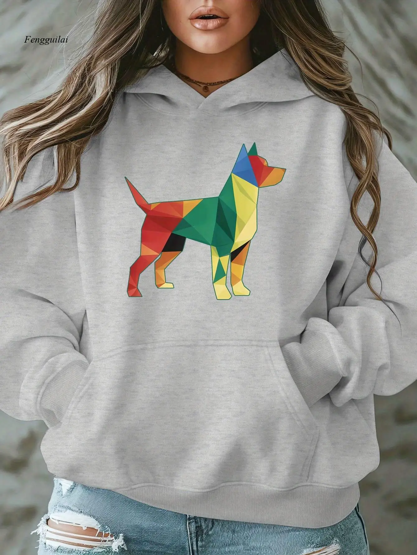 

Геометрический щенок, красочный собачий рисунок, повседневная толстовка больших размеров, пуловер с капюшоном и принтом