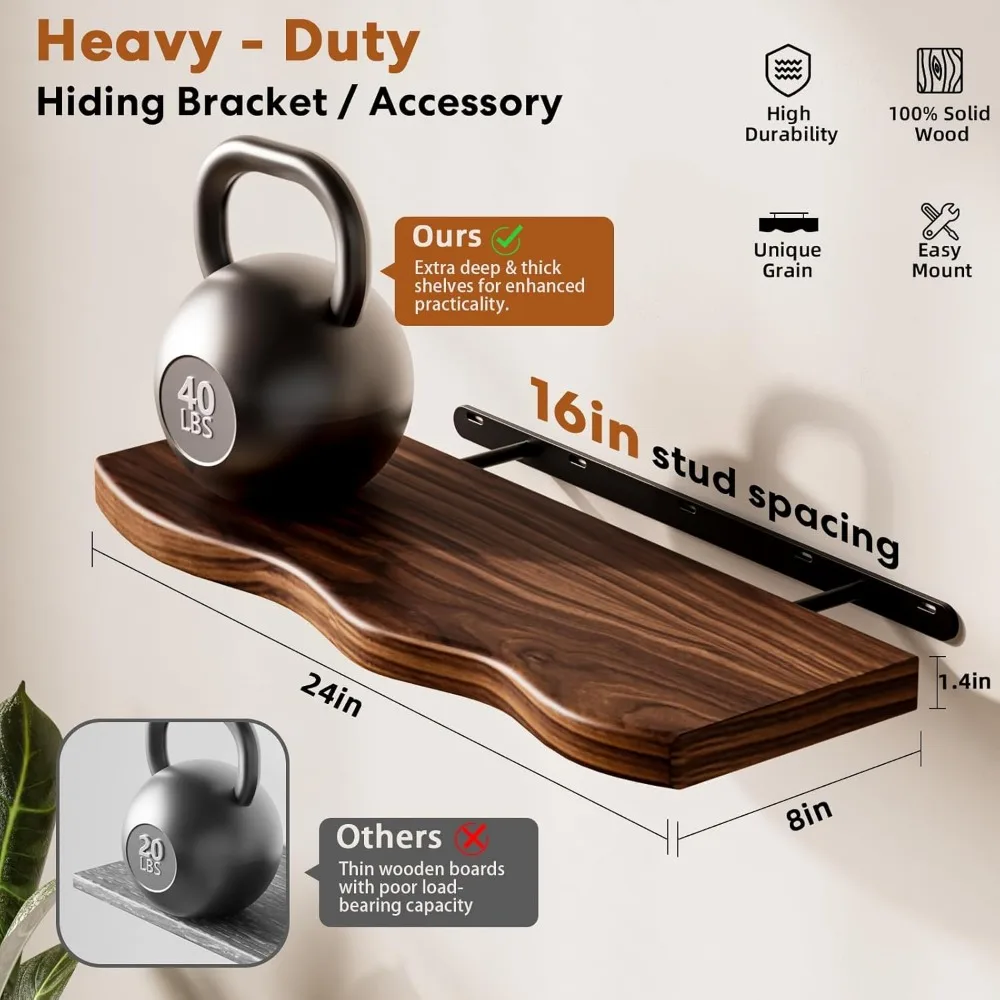 أرفف عائمة خشبية ريفية مقاس 24 بوصة للجدران، رف كتب معلق مثبت على الحائط بتصميم فريد من نوعه #3