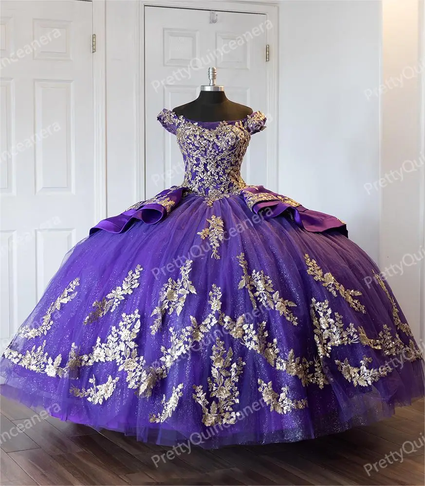 Colher Ilusão Decote Em Camadas De Tule Vestidos Quinceanera, Glitter Roxo, Apliques Dourados, Doce 16, 15