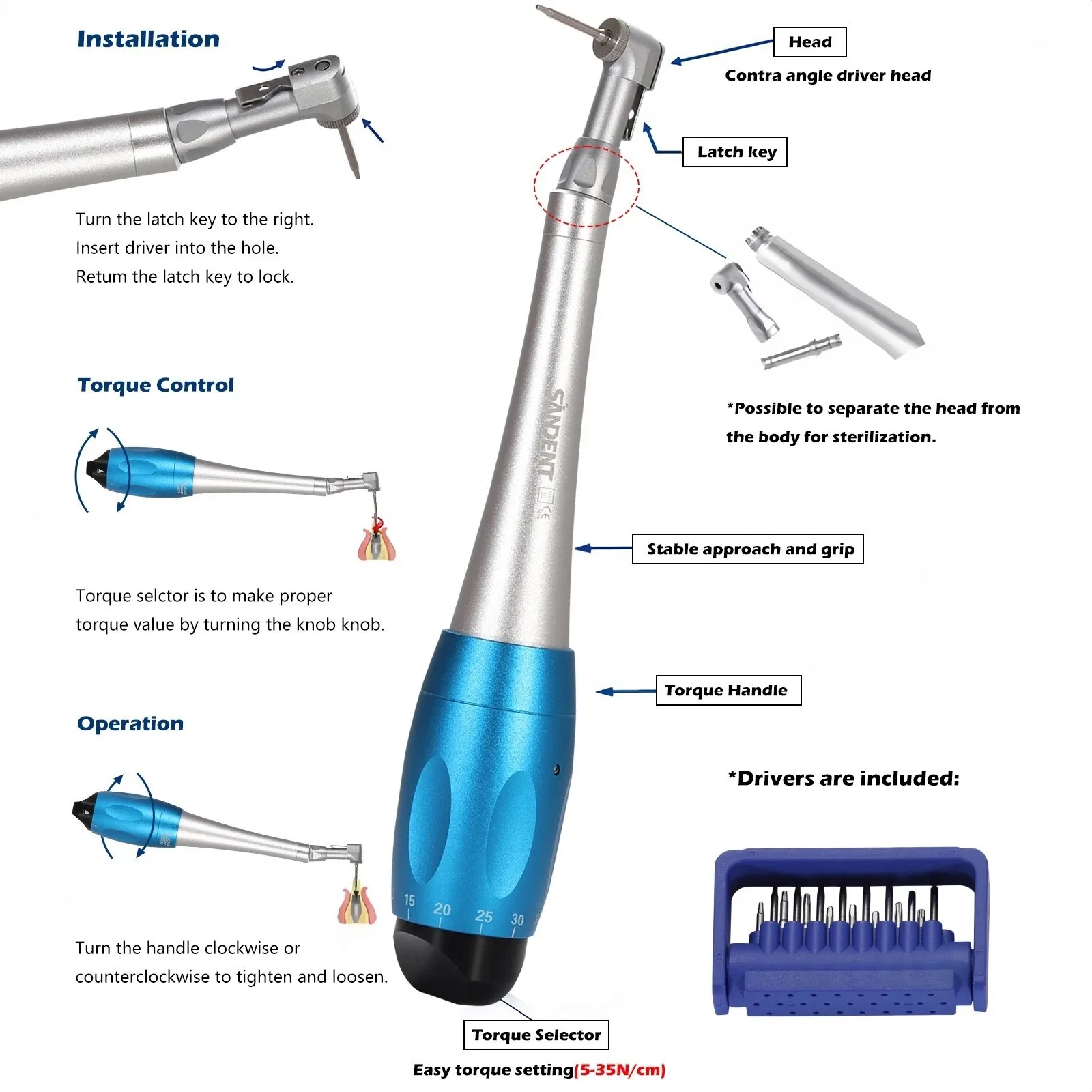 

NEW Dental Torque Wrench Universal Implant Wrench Contra Angle With 16 Drivers Wrench