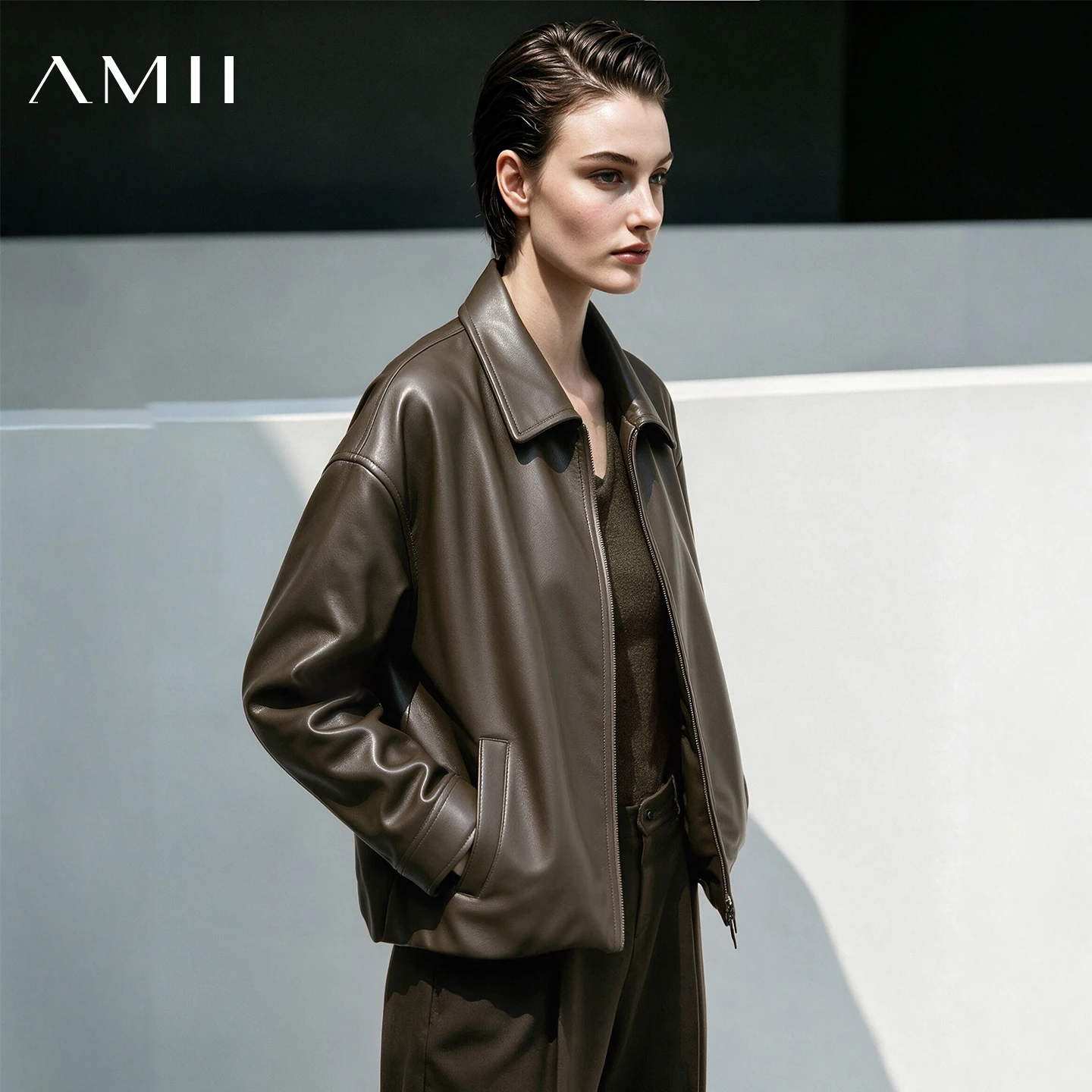 Amii Modern Retro Woman Jacket Lapel Zip Drop Shoulder Faux Leather Oversize Jackets 2026 Autumn New Arrival Women Coat 12623060