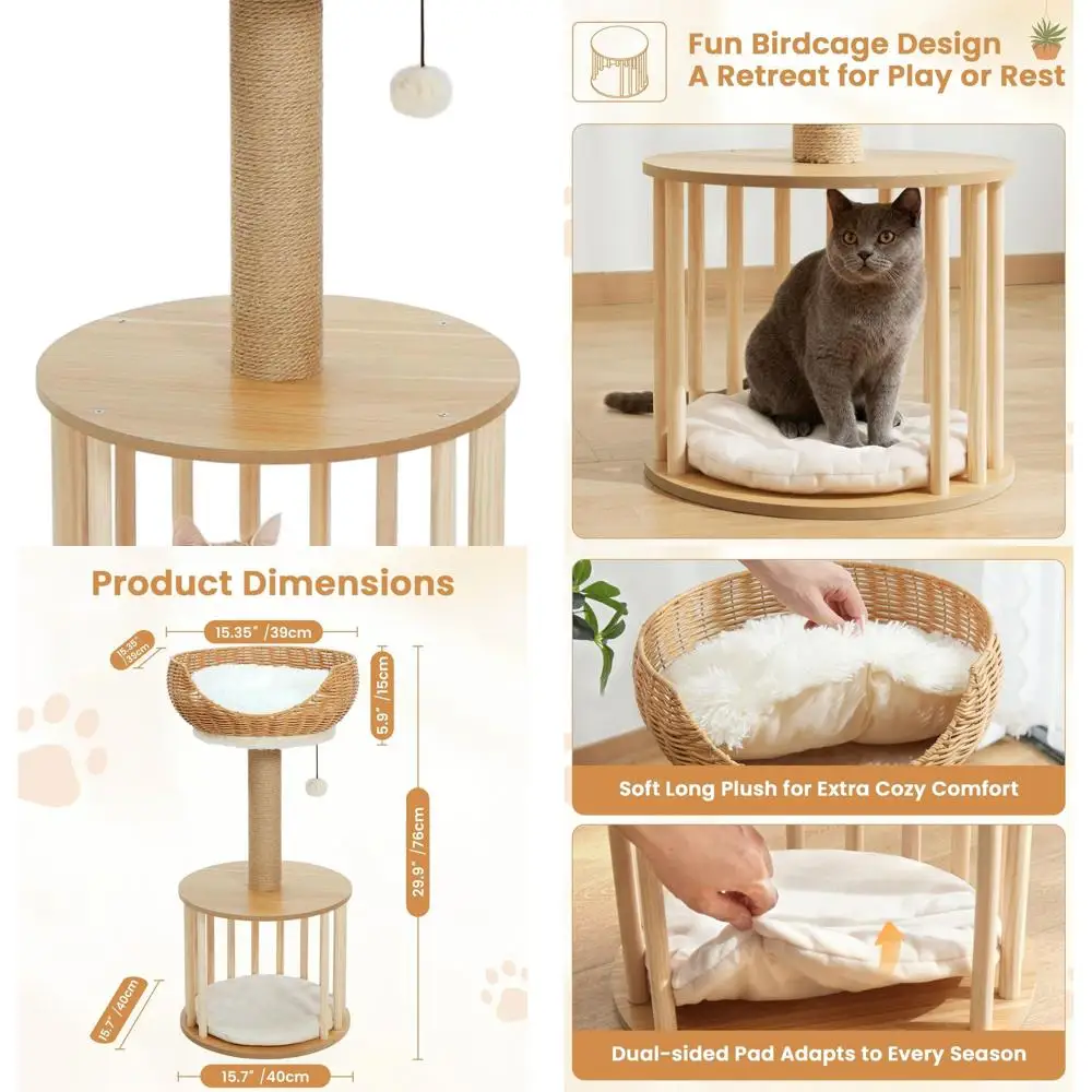 

30 Rattan Cat Tree with Scratching Post, Wooden Birdcage Condo, Reversible Cushion, Wicker Basket Bed & Plush Perch