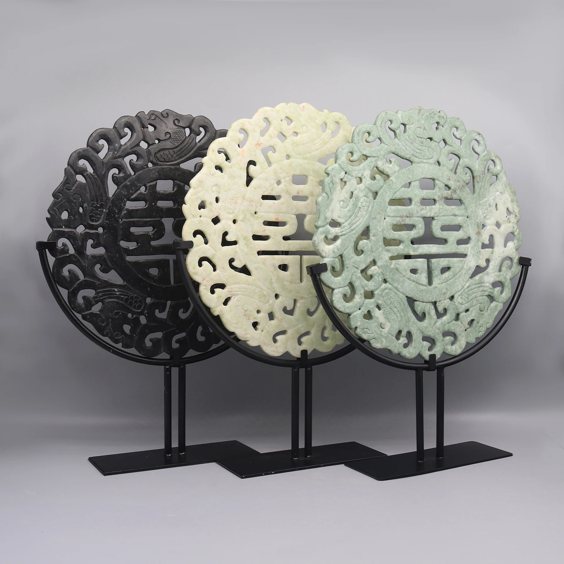 

FengShui jade stone carving, stone disc, forturne disc, double happiness and long life sign