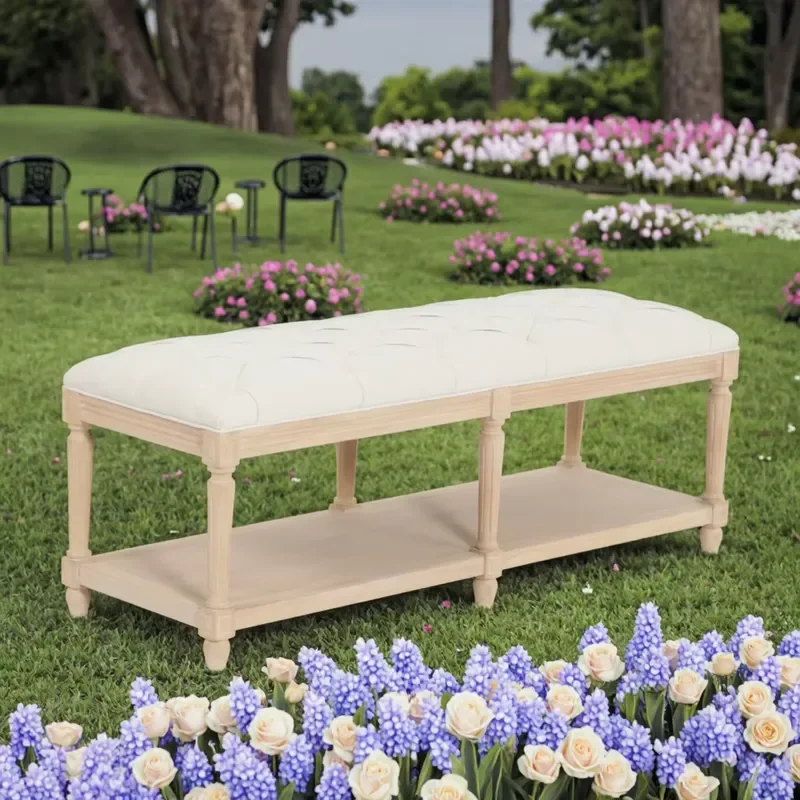 French Vintage Wood Long Furniture Fabric Upholstered Coffee Table for Hotel Event Wedding