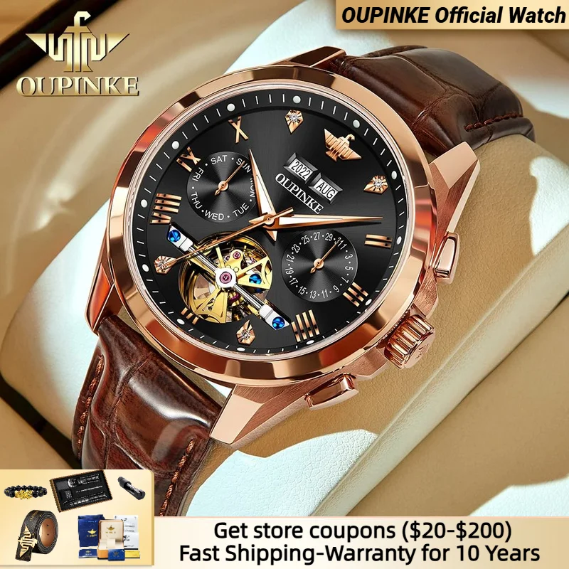 

OUPINKE Flywheel Watch for Men Dual Calendar Chronograph Waterproof Leather Strap Sapphire Mirror Automatic Watch for Man