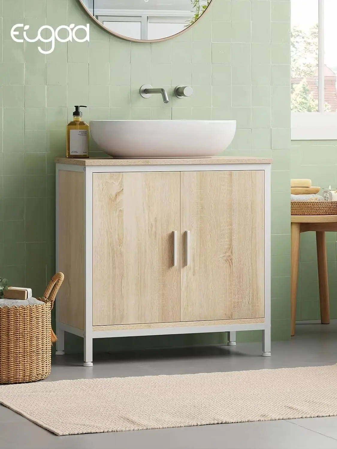 EUGAD Waschtischunterschrank 60x60x30cm Badezimmerschrank mit Höhenverstellbarem Trennfach Holz-Aufbewahrungsschrank Unter dem Waschbecken Haushaltsorganizer