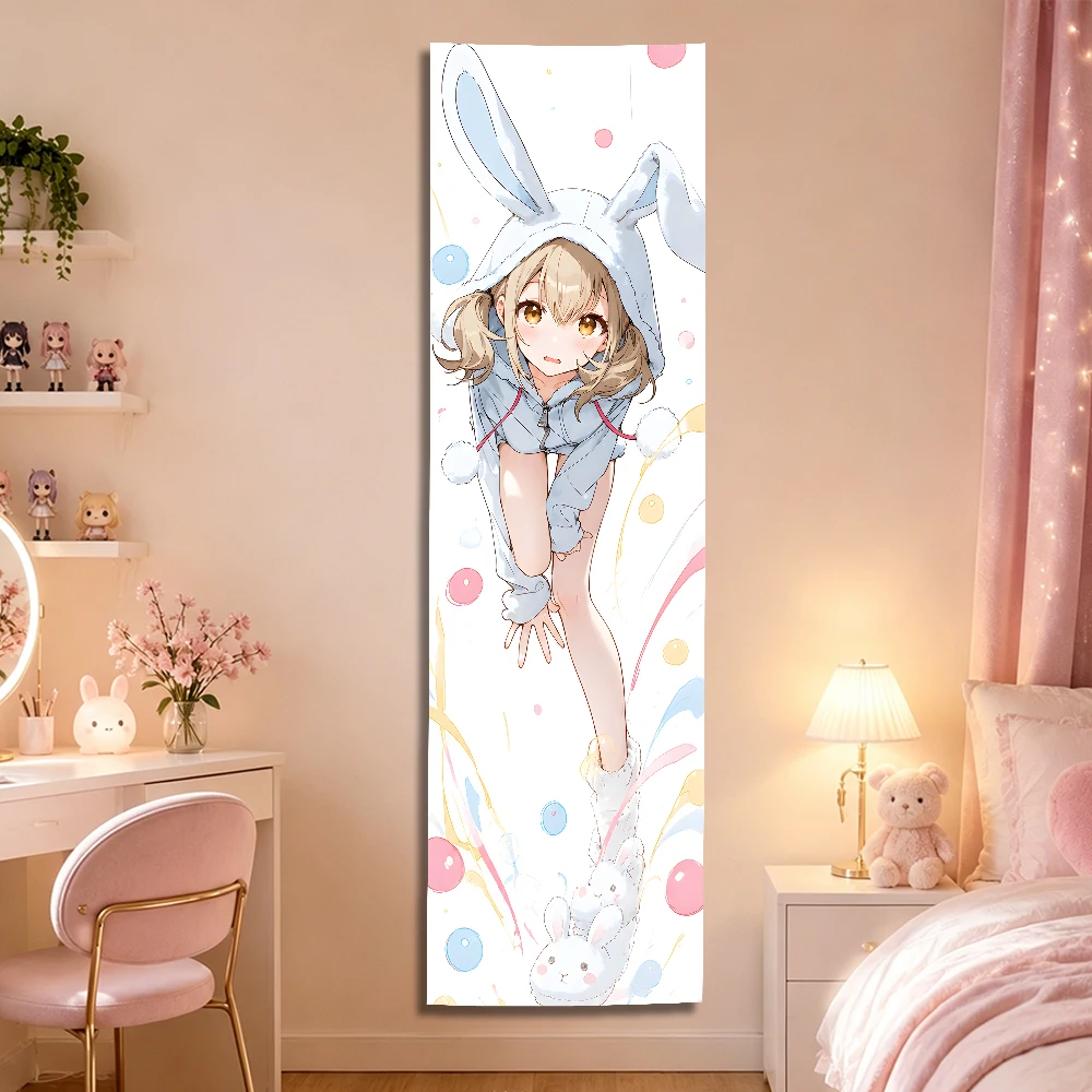 Cute Bunny Ear Hoodie Anime Girl Long Tapestry, Pastel Kawaii Rabbit Soft Vertical Wall Hanging for Girly Bedroom Dorm Decor