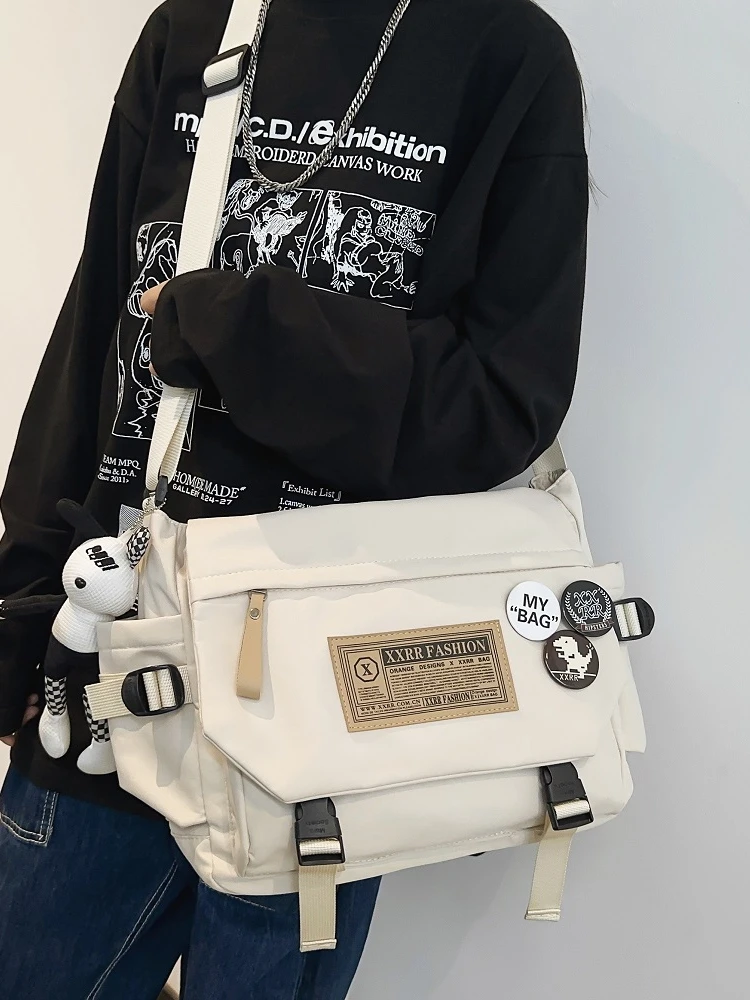Unisex Student Backpack Casual Commuting Crossbody Bag Nylon Material Zipper Closure Korean Style Pure Color Leisure Scene