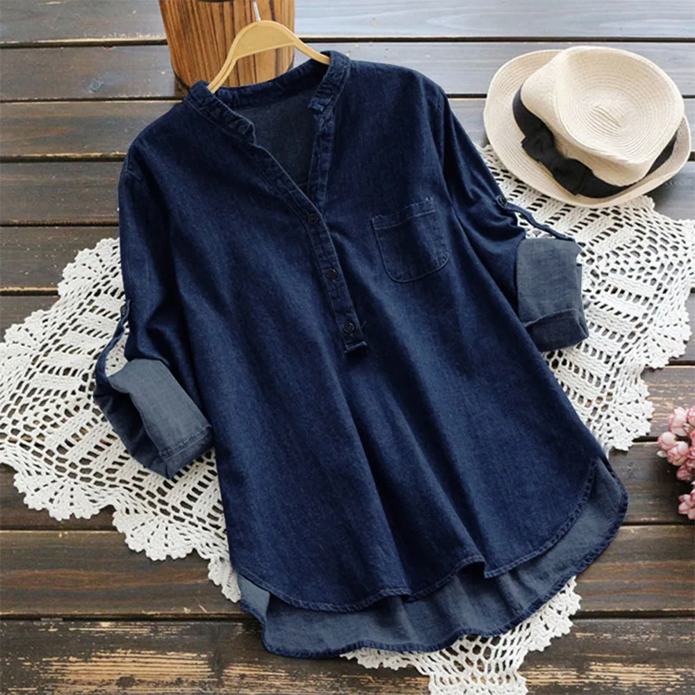 Vintage Clothes Women\'s Denim Blue Shirts Fashion Autumn Blouse Casual Tunic Button V Neck Long Sleeve Jean Tops Blusa