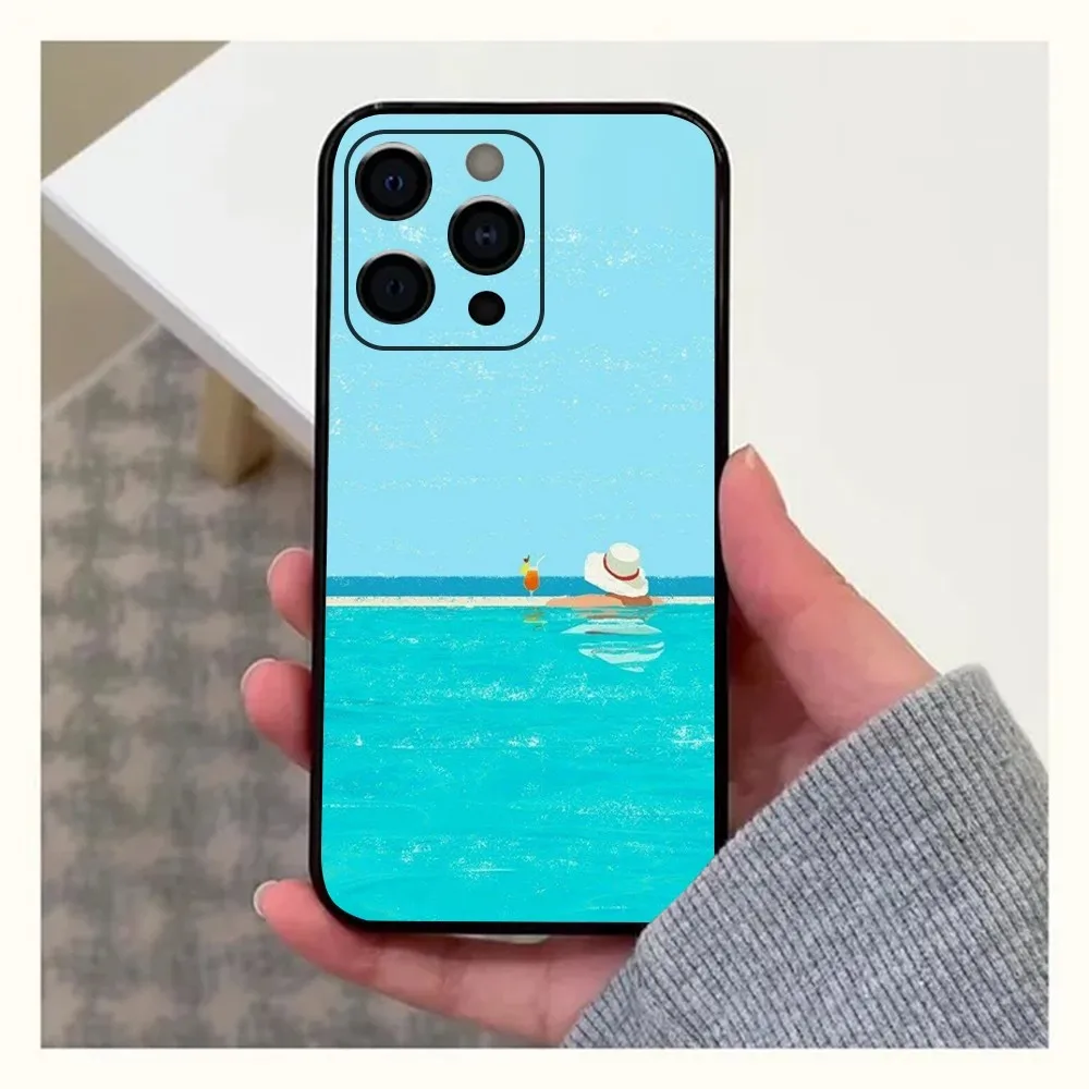 Art Aesthetics Summer Beach Sunset Sea Phone Case For Apple iPhone 15,14,13,12,11,Pro,X,XS,Max,XR,Plus,Mini Soft Black Cover