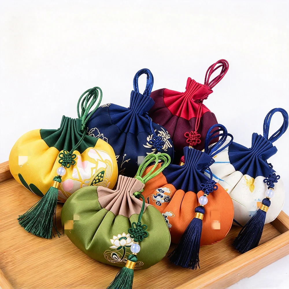 Chinese Style Tassel Sachet Antique Palace Embroidery Beam Mouth Empty Bag Portable Car Hanging Interior Jewelry Storage Bag