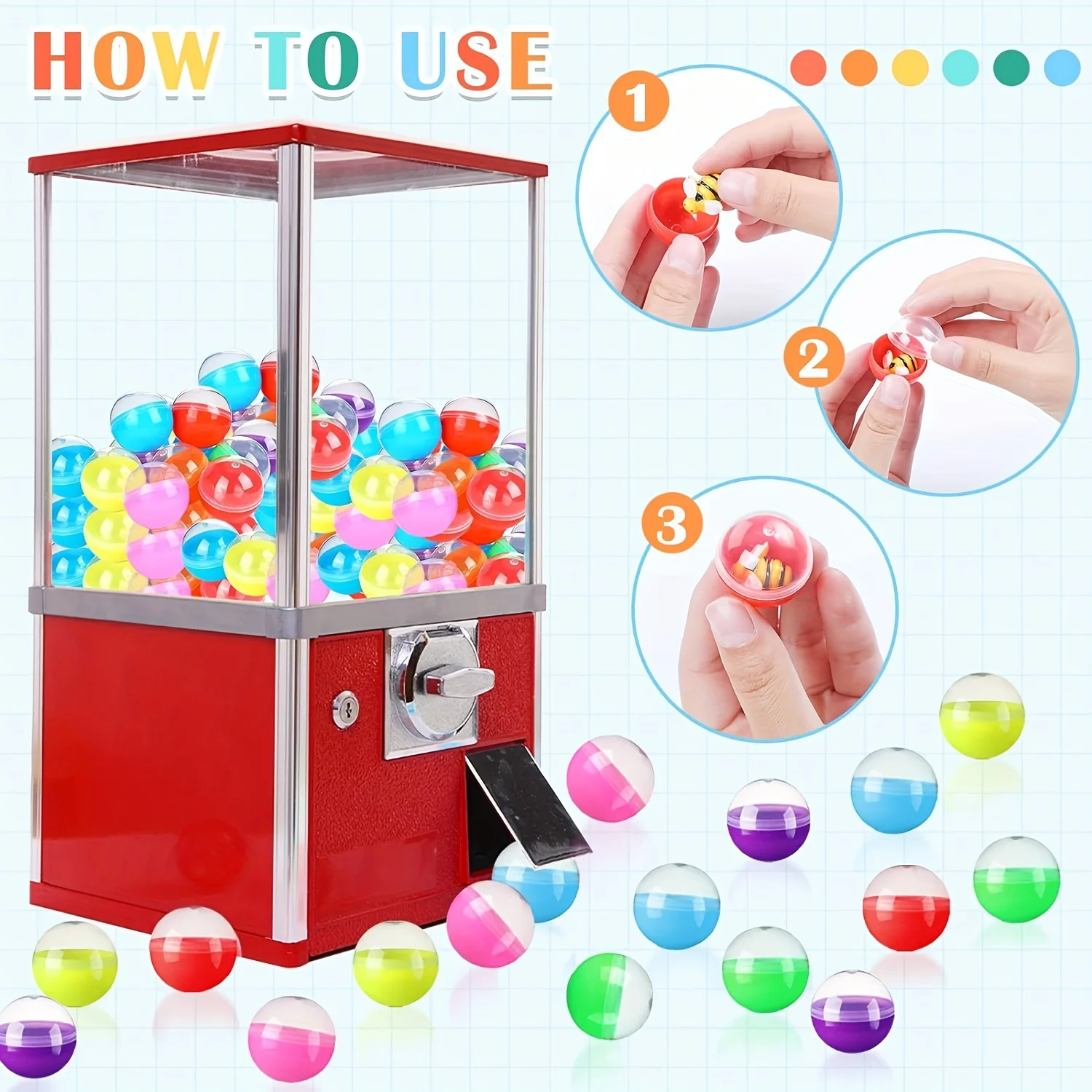 100pcs Empty Clear-Colored Round Capsules Plastic Capsule Dispenser Grab Balls Gumball Claw Machines Prizes Plastic Containers