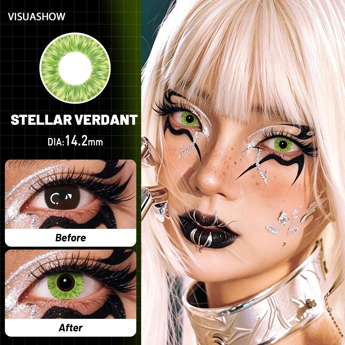 Lalens Grüne Anime-Cosplay-Farbkontaktlinsen, 1 Paar, 14,2 mm, Kosmetiklinsen für Cosplayer, Halloween, Weihnachtsfeier, Kostüm, Augen-Make-up – Detail 19