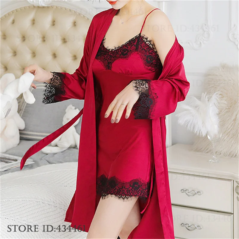 Women's Sleepwear Summer New Twinset Robe Set Nightgown Sexy Patchwork Lace Nightgown Lingerie Silk Satin Homewear Loungewear