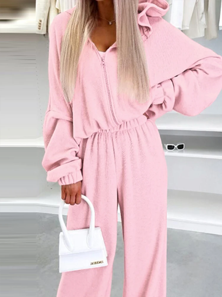 

Fashion Zip Coat with Pocket Pant Suit Casual Long Sleeve Women Loose 2Pc Set Elegant Hooded Sweatshirt Solid Long Pant Outfits