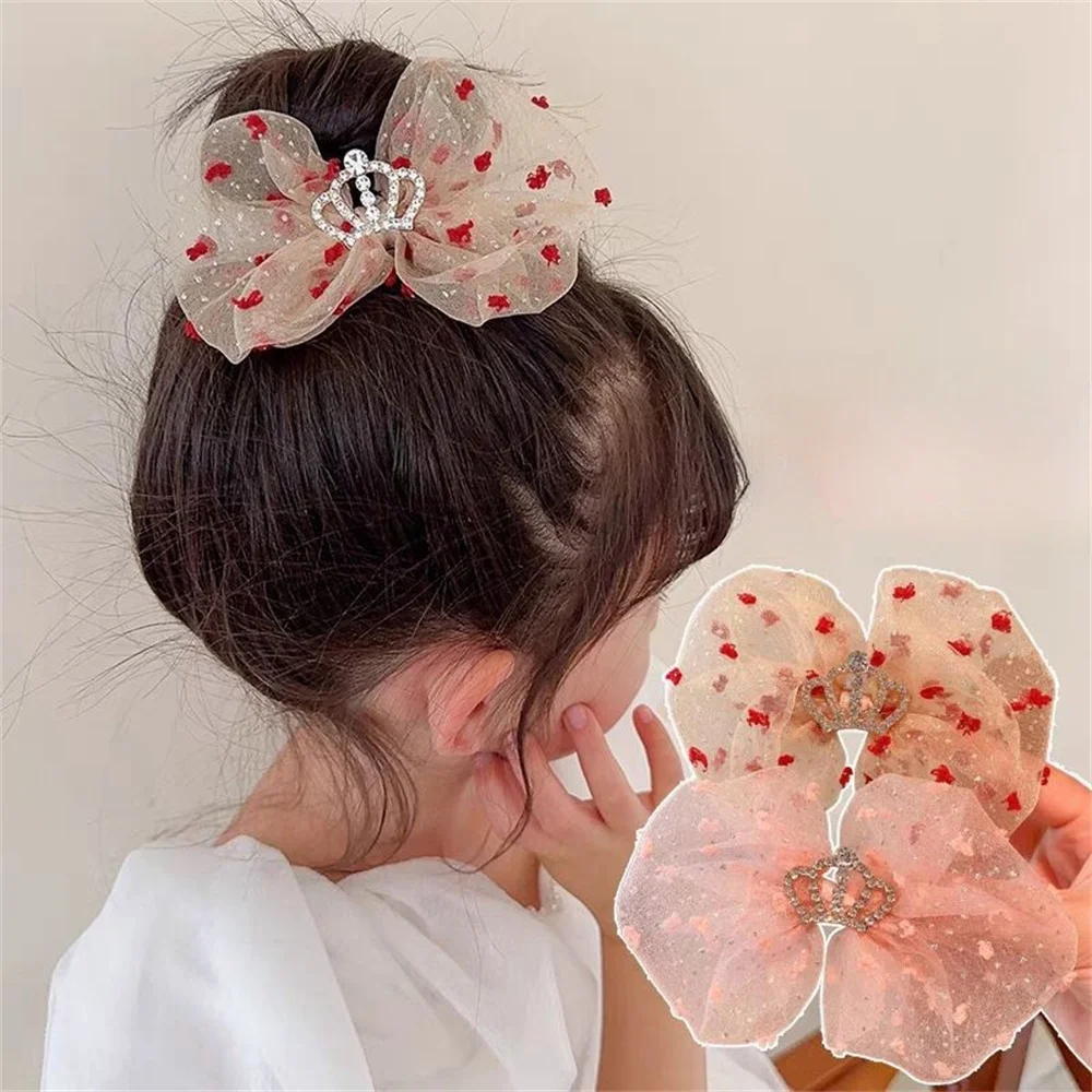 Bow Children Hairpins Sweet Organza Fairy Hair Accessories Polka Dot Crown Headdress Korean Princess Style Hairpins Wholesale