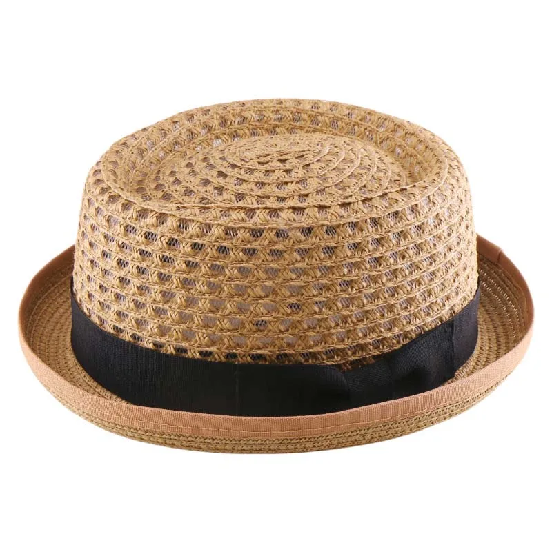 

Summer Retro Panama Straw Hat for Men Women Hollow Paper Braid Pork Pie Short Curved Brim Boater Hat Beach Sun Protection