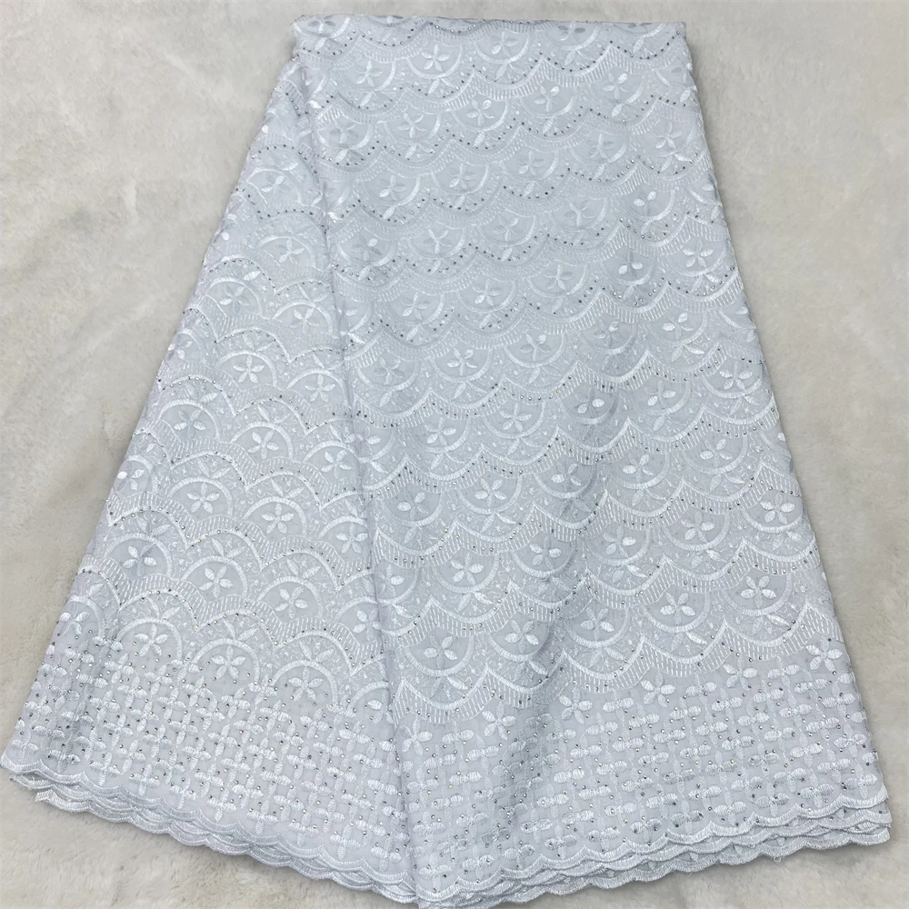 Yellow African 100% Cotton Lace Fabric 2026 High Quality Swiss Voile Lace Fabric Nigerian Dry Lace Fabrics With StonesDresses