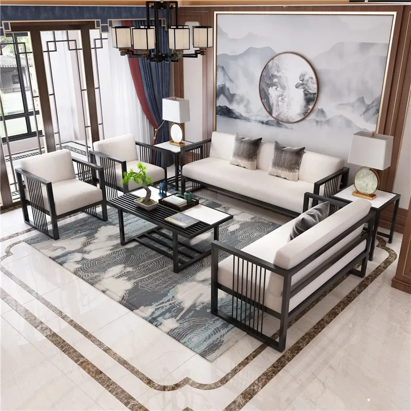 New Chinese style sofa living room small iron art light luxury edge several golden coffee table hotel reception furniture set