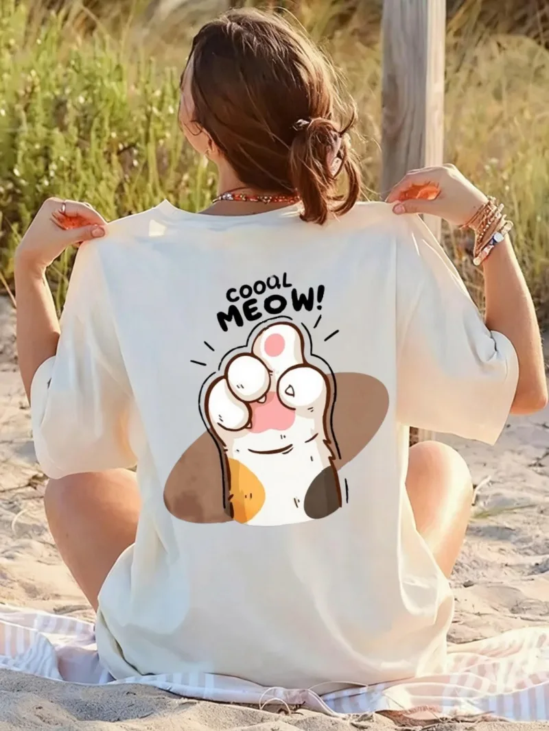 

New Women's Loose Short-sleeved Black T-shirt Cartoon Cat Pattern Print Beach Casual Wear
