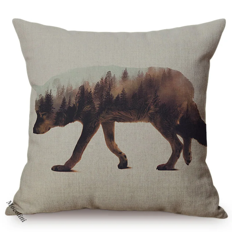 Nordic Shadow Animal Funky Sofa Throw Pillow Case Wolf Elk Bear Deer Cotton Linen Office Chair Decorative Cushion Cover cojines
