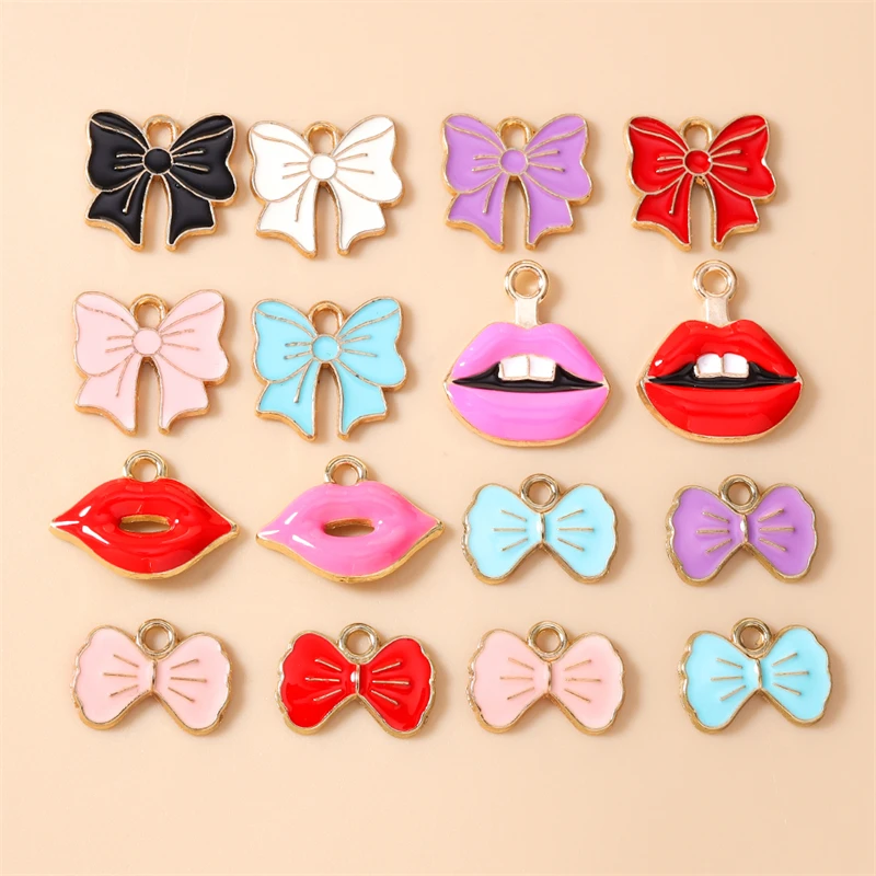 10 Stück Niedliche Bunte Emaille-Anhänger mit Roten Lippen und Schleife für Schmuckherstellung, Halsketten, Ohrringe, Armbänder, DIY-Bastelzubehör – Detail 1