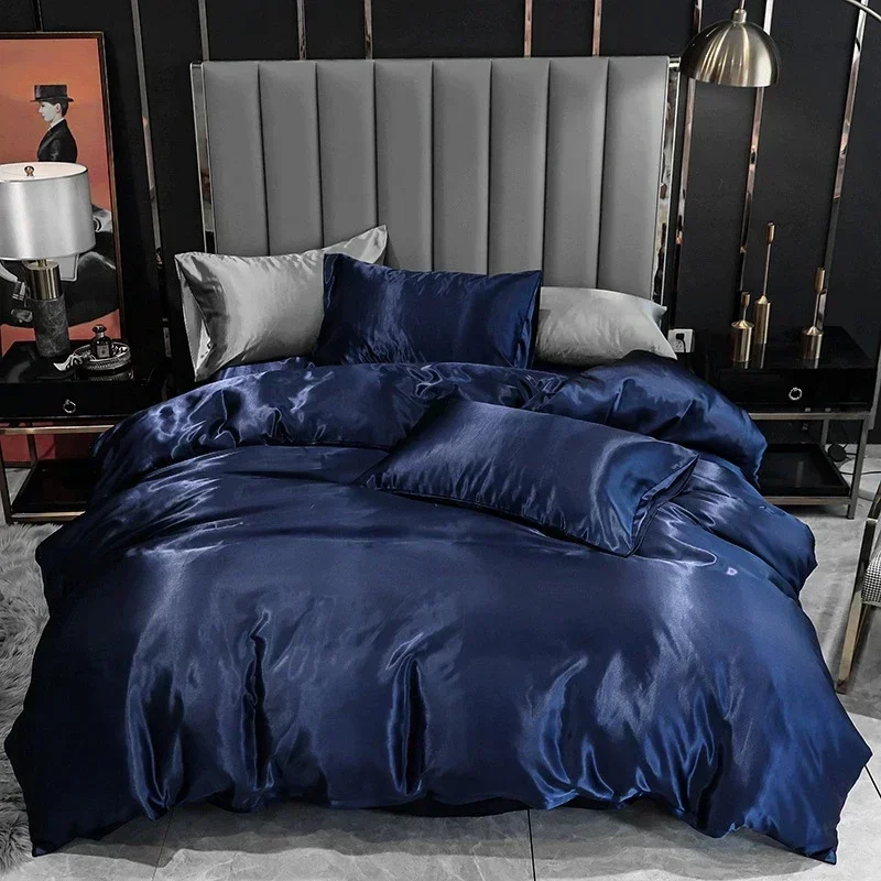 Nordic 3pcs Satin Bedding Set with Duvet Cover Pillowcase Luxury Single Couple Double Solid Kpop 1/2 People King Queen