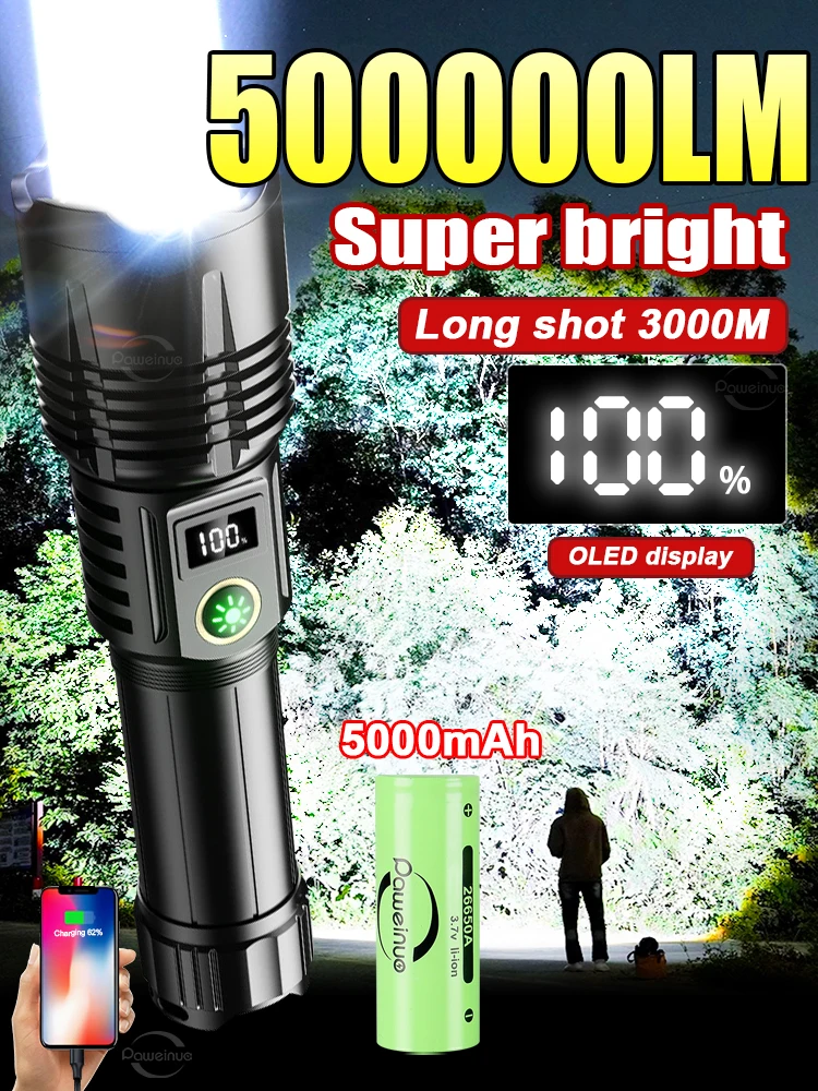 50000LM High Power Led Flashligh 5000mAh USB Rechargeable Torch World\'s Most Powerful Flashlight Long Range Camping Hand Lantern