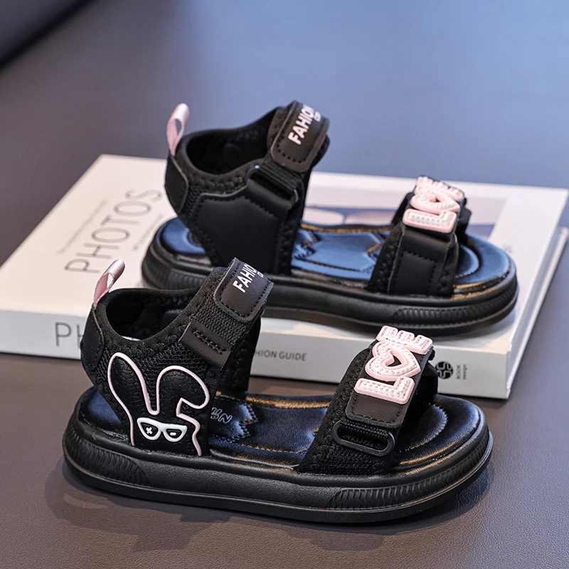 Girls' Cute Rabbit Open-Toe Sandals, Adjustable Strap Non-Slip Summer Shoes for Kids, Breathable Black Dress Casual Sandals