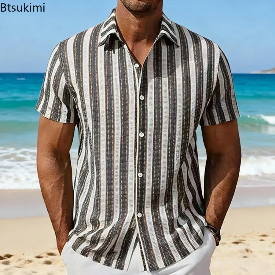 

New Men's Striped Short Sleeve Shirts Trending Lapel Hollw Out Cardigan American Summer Retro Hawaiian Beach Breathable Blouse