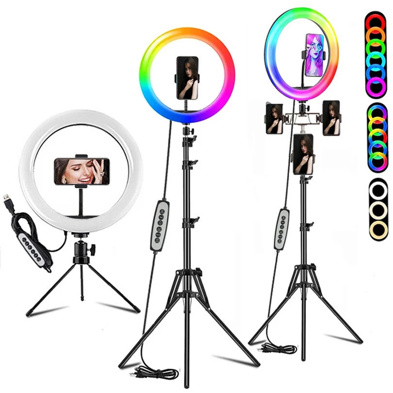 Anneau lumineux LED pour Selfie, 10 pouces, 26cm, support de lampe RGB 1.1/1.6/M, variable avec Clip de téléphone, pour maquillage TikTok Youtube