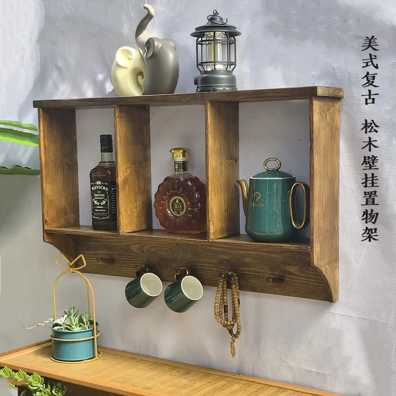 Solid wood wall rack, retro style wall-mounted rack, living room entrance wine rack