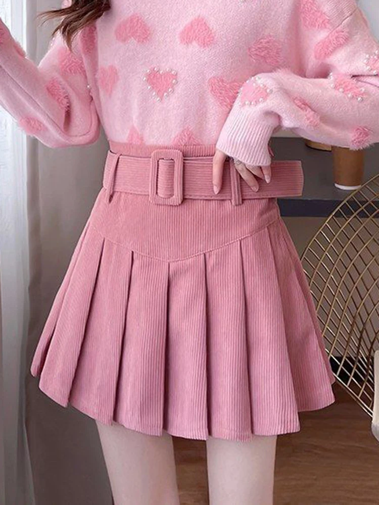 Sweet Belt Pleated Skirt Women Vintage Preppy Style Slim Corduroy Mini Skirt Fall Winter Casual Female Cute Dance A Line Skirt