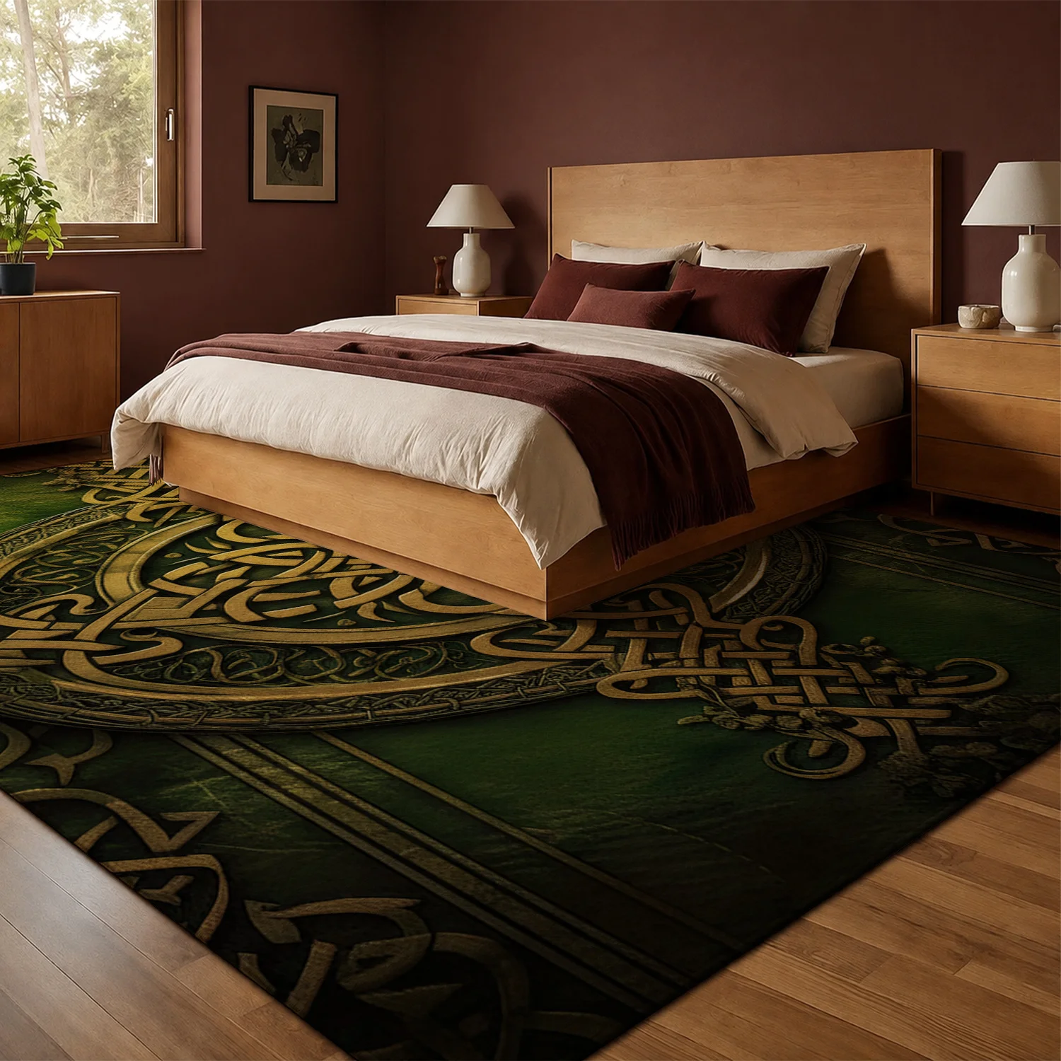 Large Indoor Area Rug, Soft Velvet Low Pile Non-Slip Dotted Backing, Machine Washable Celtic Knot Pattern Green Gold Decorative Rug for Living Room, Bedroom, Entryway