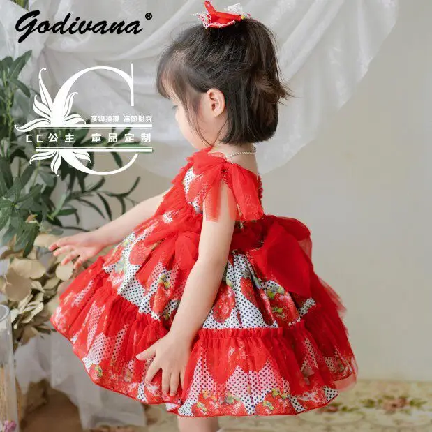 2026 New Summer Baby Girls Sweet Strawberry Polka Dot Lolita Princess Dress Kids Red Sleeveless Birthday Party Spanish Ball Gown