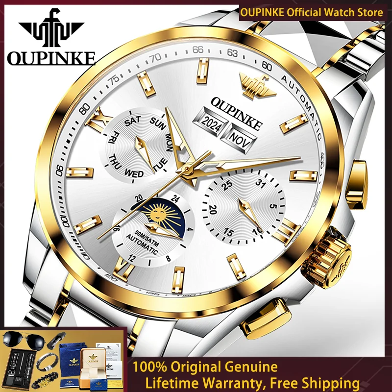 OUPINKE Men Original Automatic Mechanical Watch Advanced Date Moon Phase Waterproof Watch Sapphire Mirror Brand Men Watch 3201