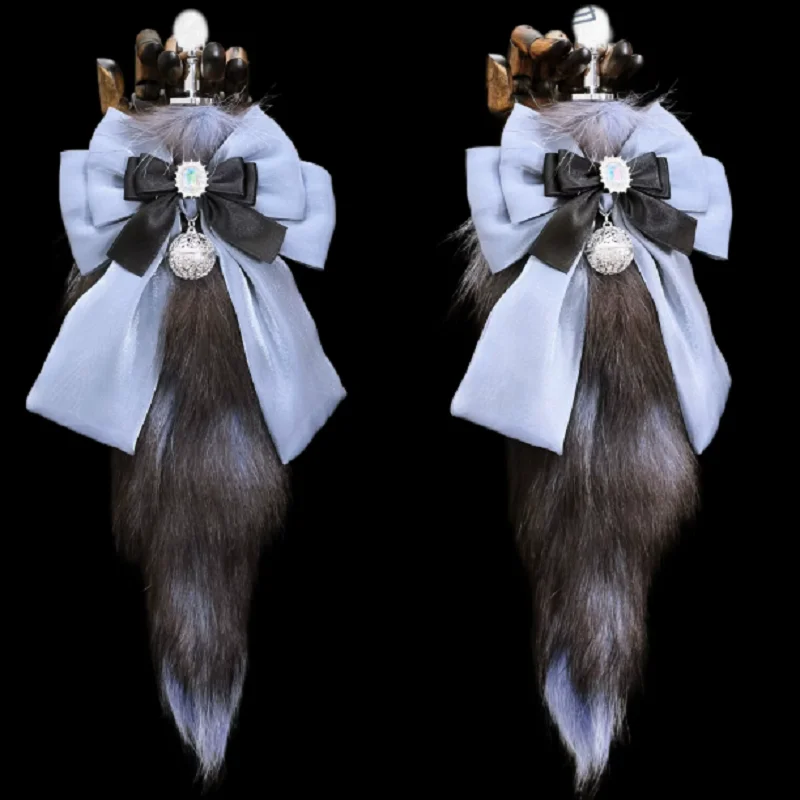 Ombre Luxury Real Fox Fur Tail 40cm white Clear Belt Strap with Blue Large Lace Bow Pearl Chain Bell Cosplay
