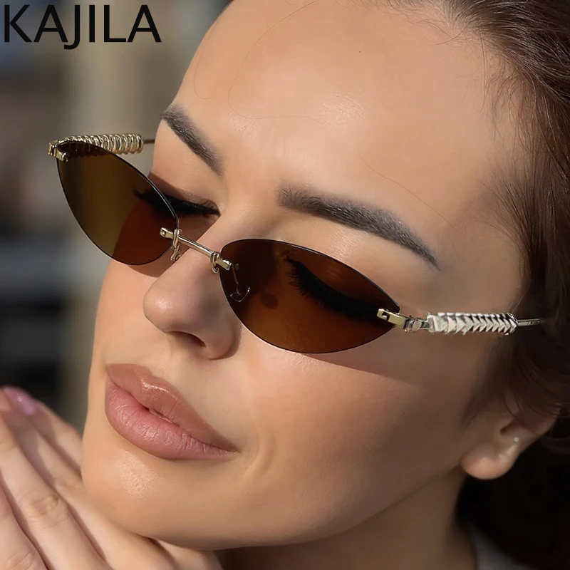 

Small Frame Sexy Cat Eye Punk Rimless Sunglasses Women 2025 Luxury Brand Oval Metal Sun Glasses For Ladies Vintage Shades UV400