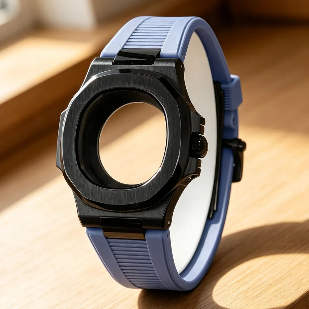 Black 40MM Watch Case Transparent Back Waterproof Sapphire Glass For Nautilus NH34 NH35 NH36/38 4R36 Movt Rubber Watchbands Part