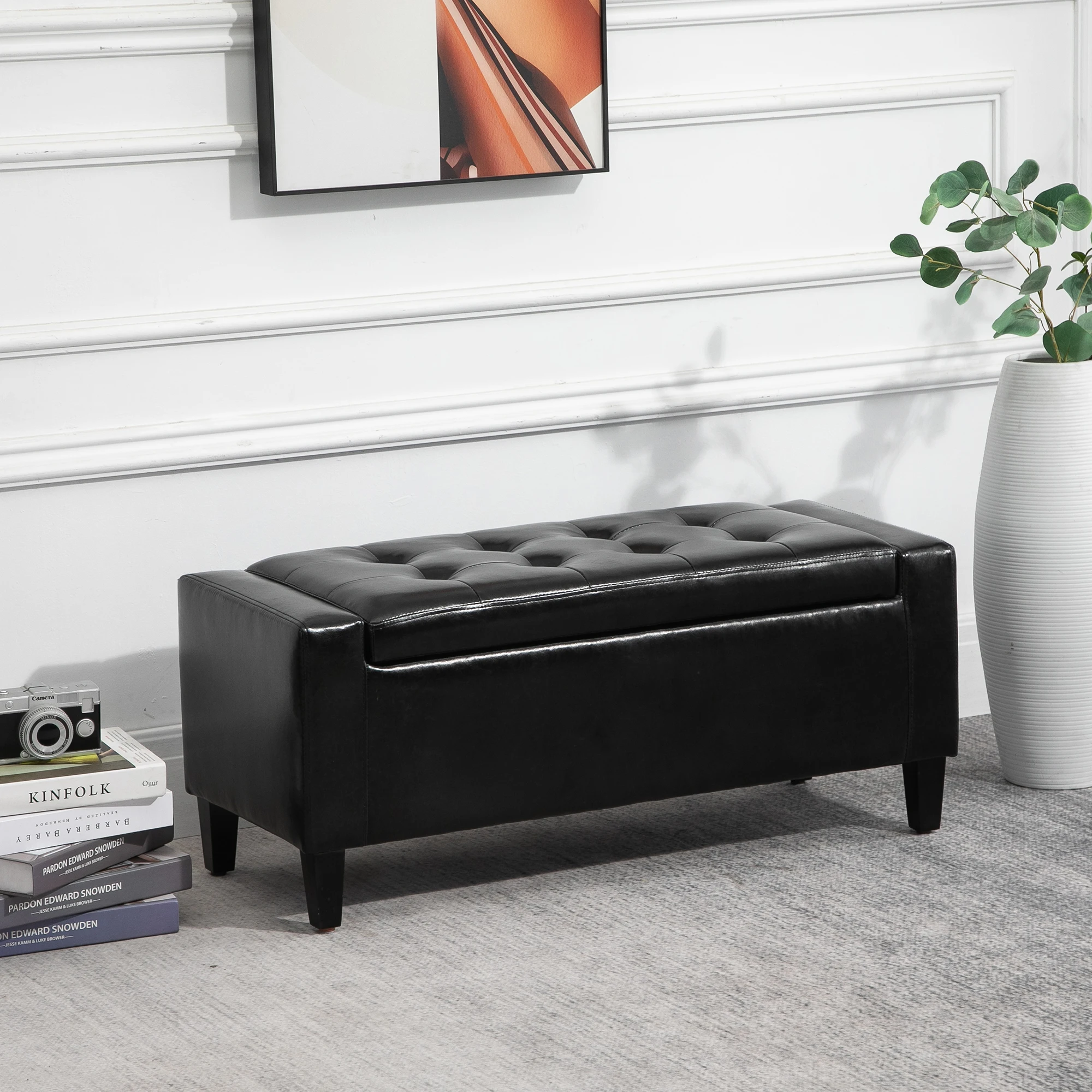 HOMCOM 40x90cm PU Leather Storage Ottoman Bench Wood Frame w/ Tufting Feet