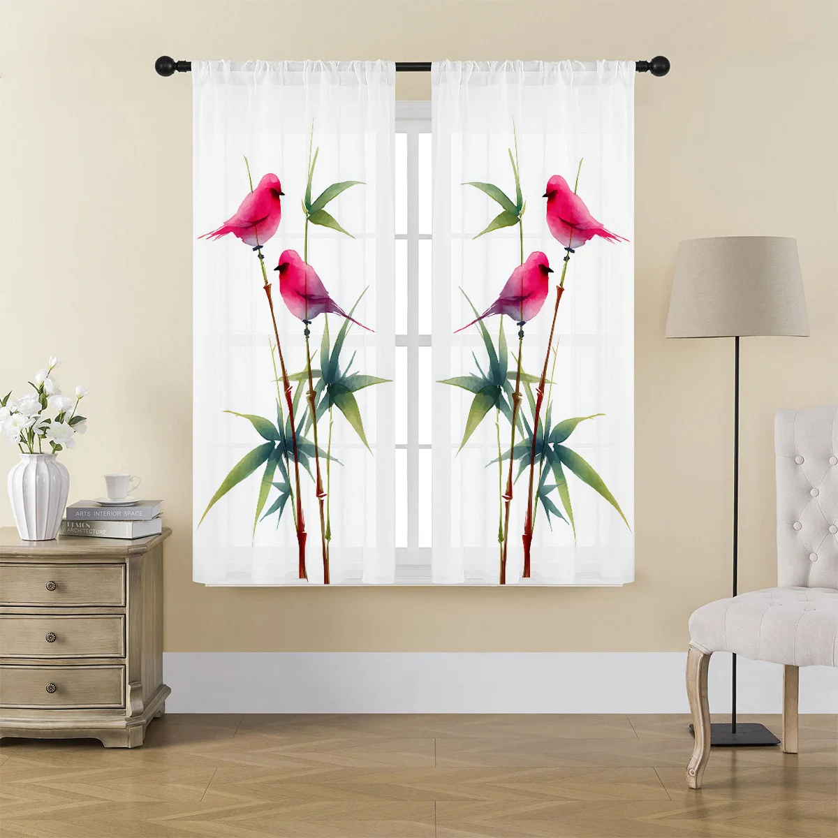 

Набор из 2-х нежных розовых полупрозрачных штор с акварельным рисунком птиц и бамбука для декора гостиной. Без карниза. Быстрая установка.