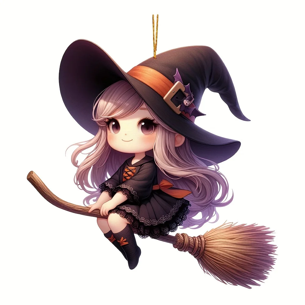 Cute Witch On The Broomstick Acrylic Decorative Pendant Car Accessories, 2D Flat Pendant Decoration Halloween Christmas Pendants