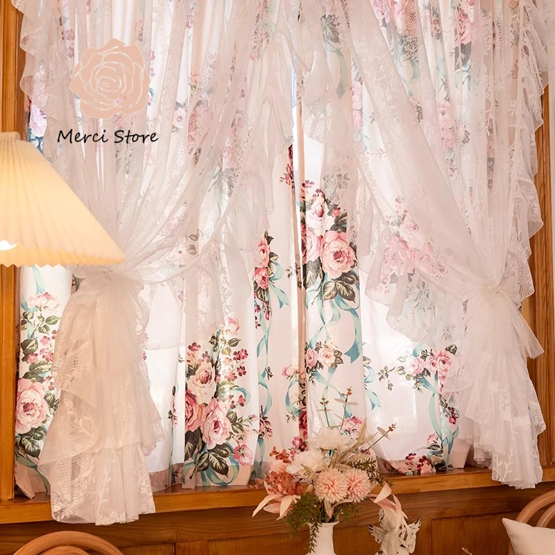 

Dreamy French Pastoral Double Layer Lace Curtains for Girls Bedroom Princess Sheer Lighttransmitting Nontransparent Drapes
