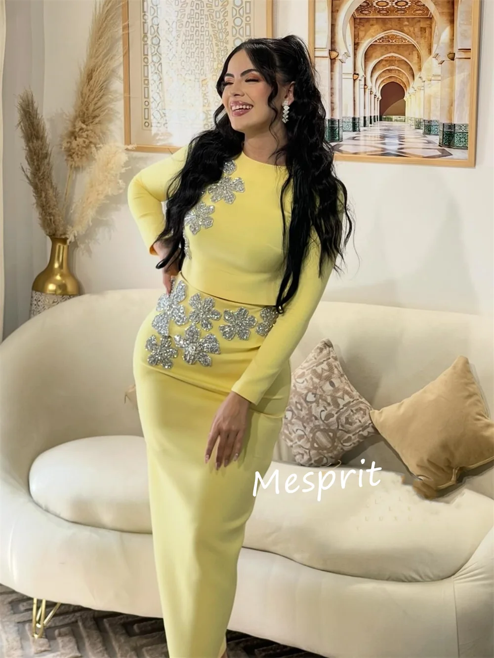 Customized Matching Jersey Sequined Flower Pleat Column O-Neck Midi Dresses Bespoke Occasion Exquisite Fashion