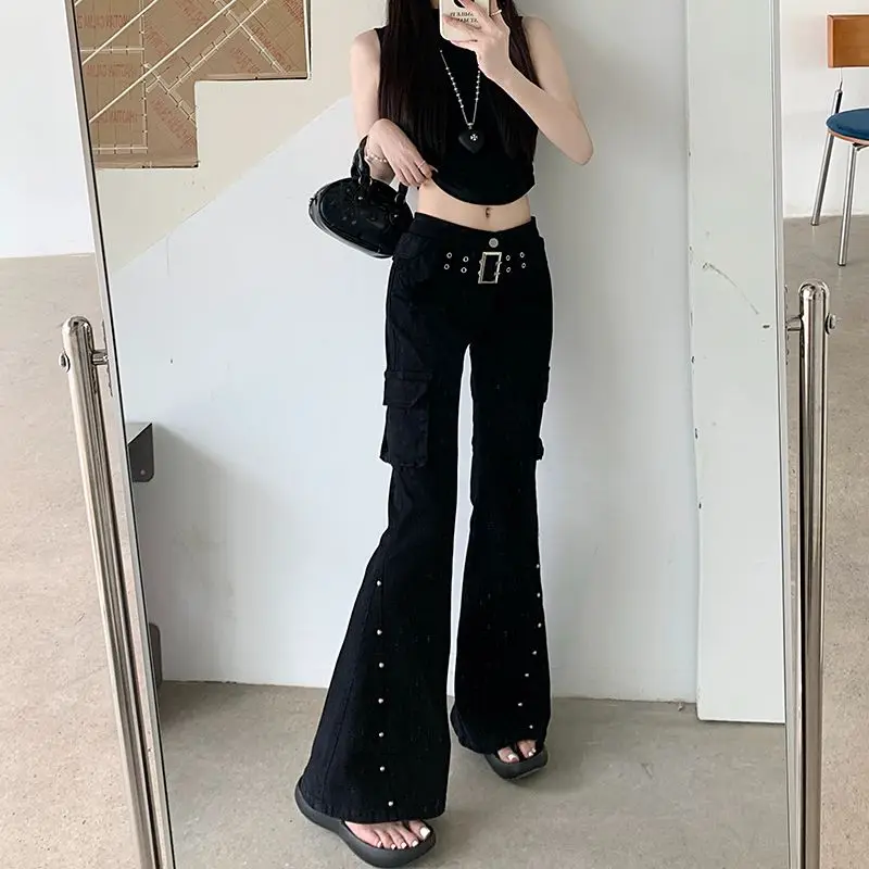 Women Gothic Dark Academia Chic Shoujo Cargo Flared Jeans Grunge Japanese Low Rise Gyaru Y2K Denim Pants 2000s Bell-Bottom New