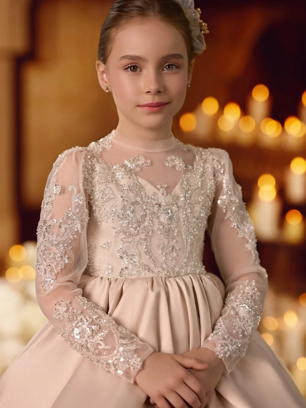 Champagne Embroidery Bow Kids Princesss Gown Wedding Birthday Party Wear Elegant High Collar Satin Girls Dresses For Banquet
