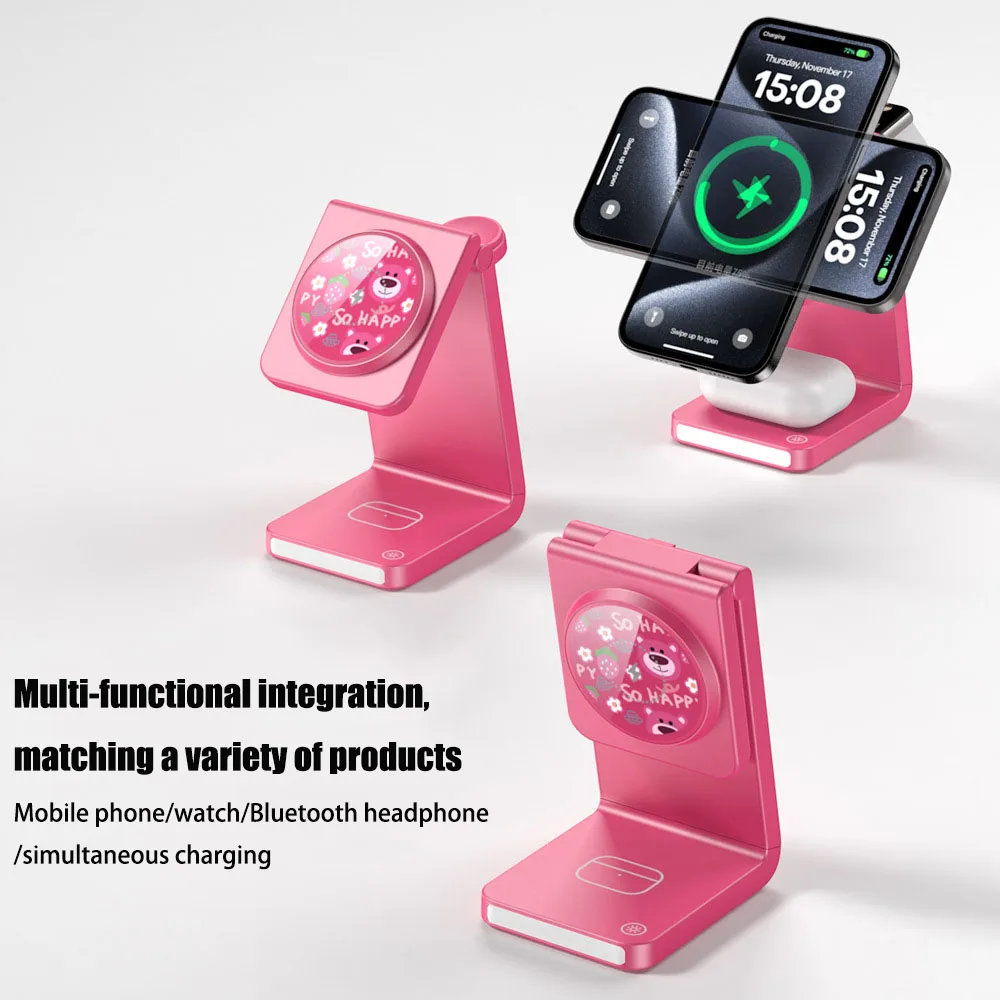 3-in-1 Magnetic Wireless Charger Desktop Folding Stand 15W Fast Charging for iPhone15Pro/Bluetooth earphone/iWatch Simultaneousl
